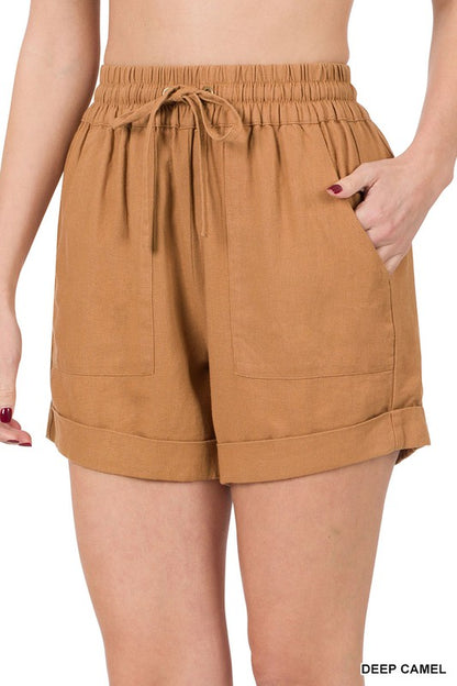 Linen Drawstring-Waist Shorts with Pockets - Bee Creek Apparel