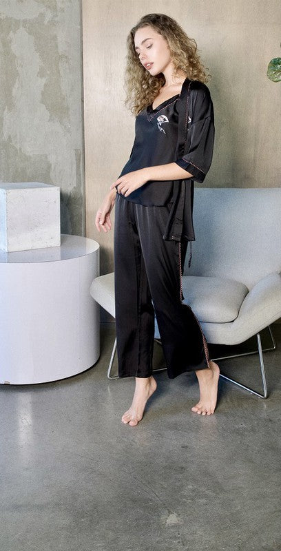 Black 3 Piece Kimono Pajama Sets - Bee Creek Apparel