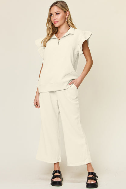 Our  Ruffle Short With Top and Drawstring Wide Leg Pant Set