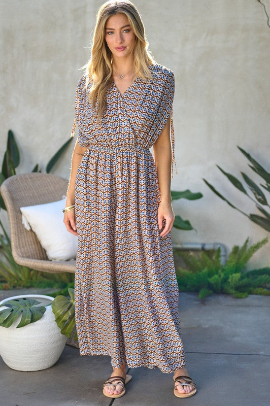 Printed V-Neck Sleeveless Jumpsuit - Bee Creek Apparel