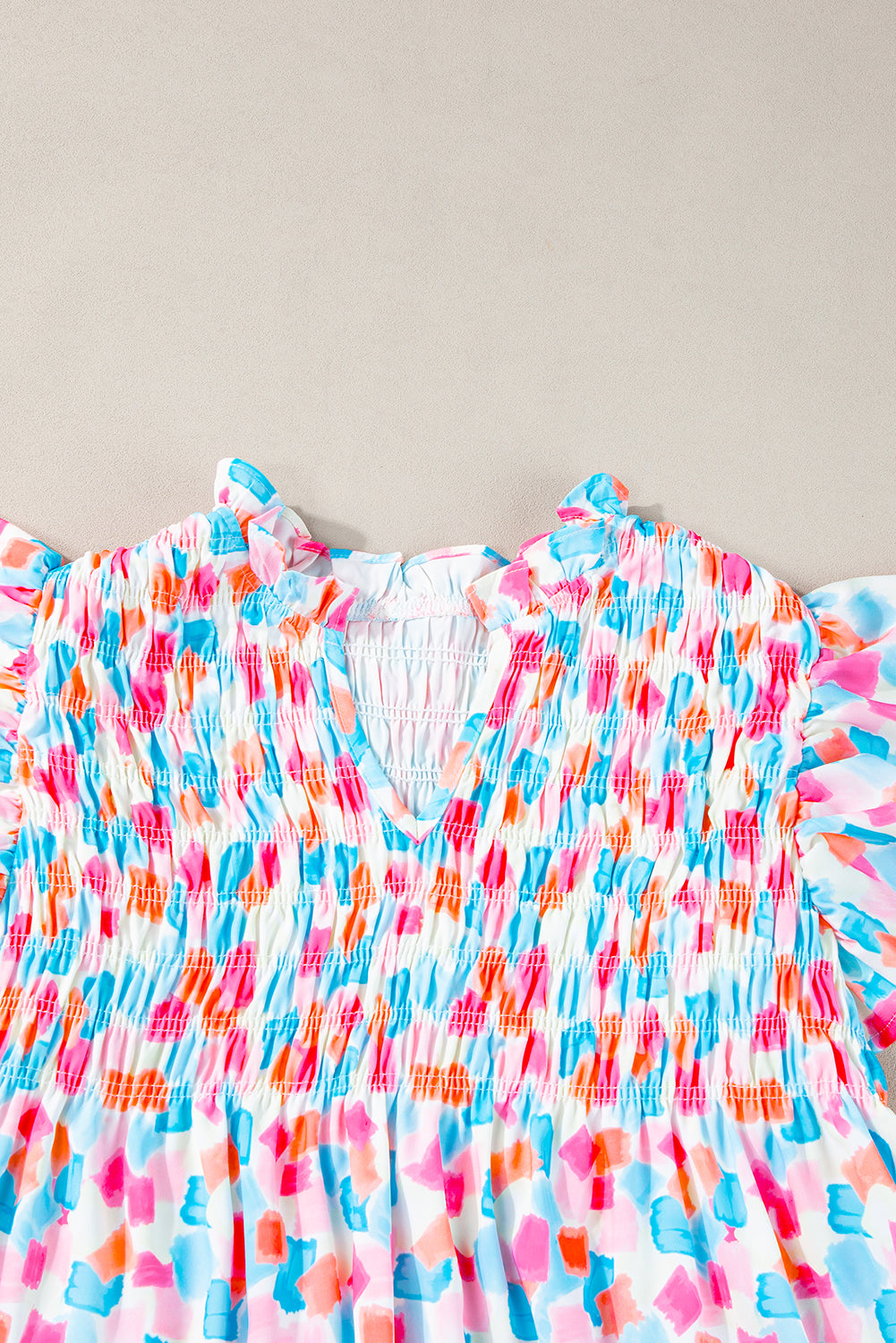 Sky Blue Smocked Frill Neck Yoke Ruffle Abstract Blouse