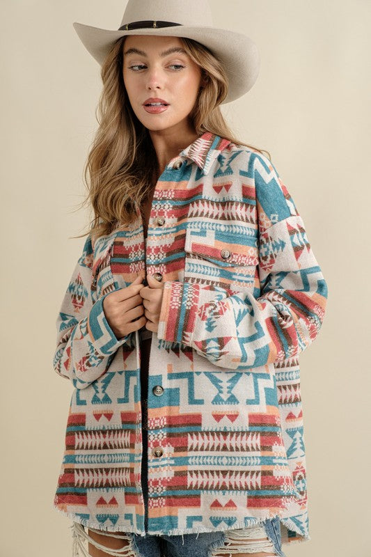 Boho-Inspired Frayed Aztec Western Shacket