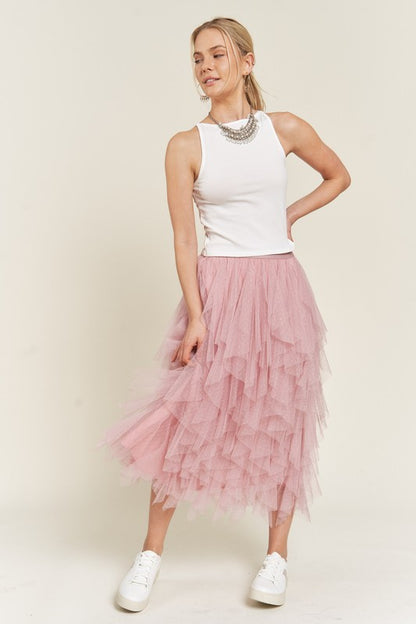 Polka Dot Mesh Lined A-Line Midi Skirt