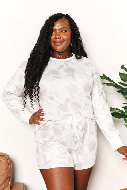 Ladies Floral Long Sleeve Top and Shorts Loungewear Set - Bee Creek Apparel
