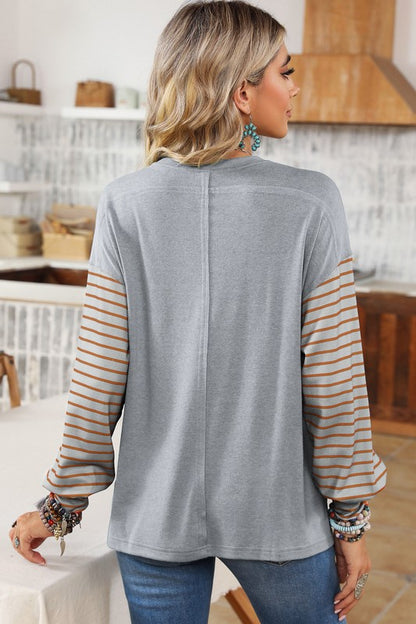 Bee Trendy In Our Color Block Striped Bishop Sleeve Side Slits Top