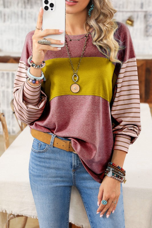 Bee Trendy In Our Color Block Striped Bishop Sleeve Side Slits Top