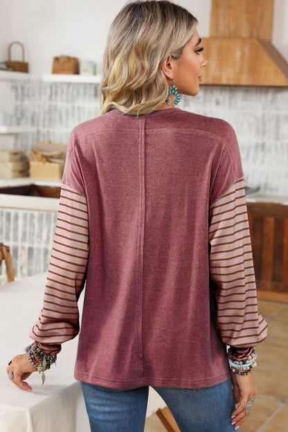 Bee Trendy In Our Color Block Striped Bishop Sleeve Side Slits Top