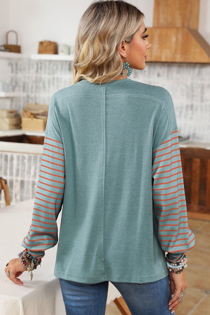 Bee Trendy In Our Color Block Striped Bishop Sleeve Side Slits Top