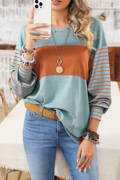 Bee Trendy In Our Color Block Striped Bishop Sleeve Side Slits Top