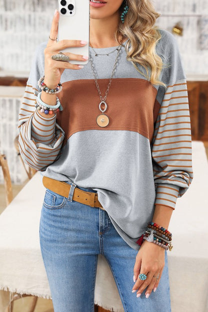 Bee Trendy In Our Color Block Striped Bishop Sleeve Side Slits Top