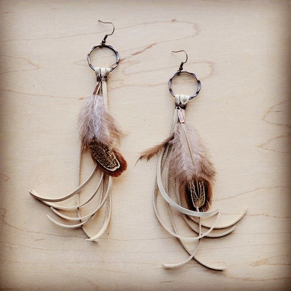 Boho Bone Deer Skin Leather Tassel Earring With Feather