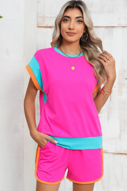 Contrast Trim Cap Sleeve Tee Shorts Set - Bee Creek Apparel