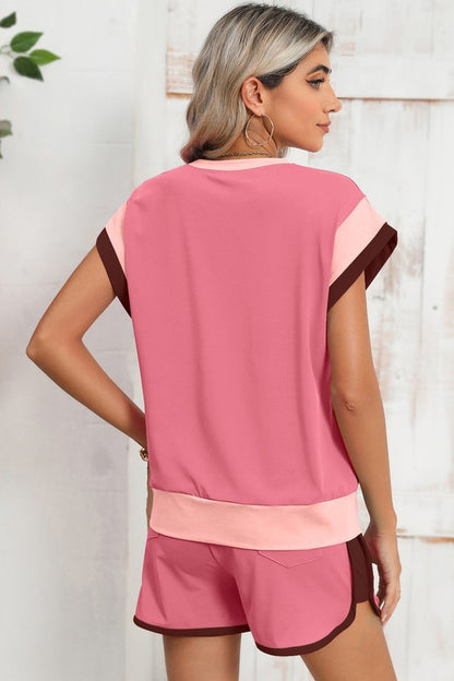Contrast Trim Cap Sleeve Tee Shorts Set - Bee Creek Apparel
