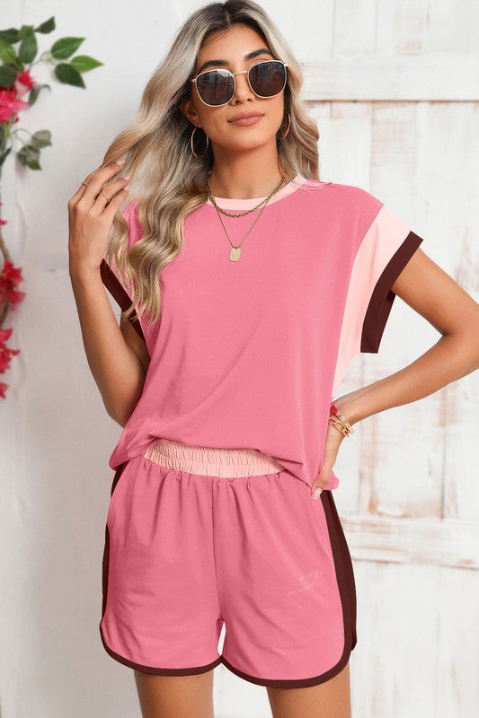 Contrast Trim Cap Sleeve Tee Shorts Set - Bee Creek Apparel
