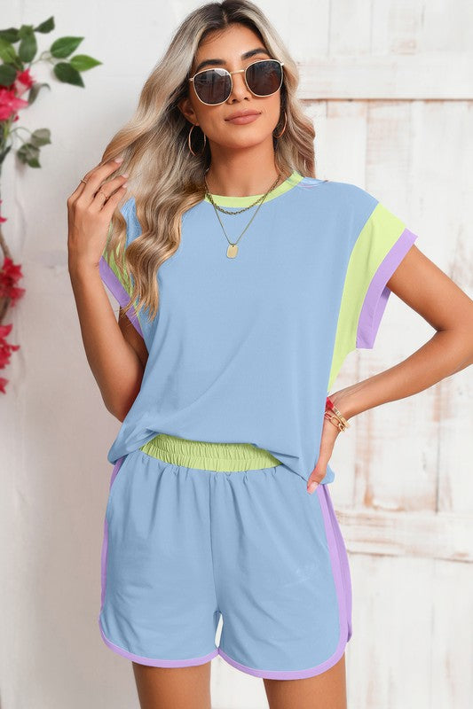 Contrast Trim Cap Sleeve Tee Shorts Set - Bee Creek Apparel