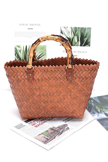 Bamboo Top Handle Weaved Basket Tote