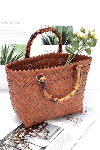 Bamboo Top Handle Weaved Basket Tote