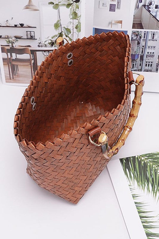 Bamboo Top Handle Weaved Basket Tote