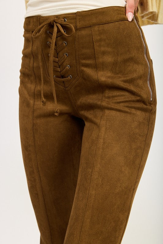 Bring Some Flair In These Lace Up Suede Flare Pants