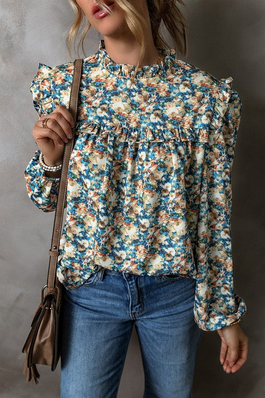 Floral Print Mock Neck Puff Sleeve Blouse