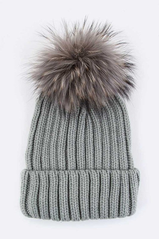 Raccoon Fur Pom Beanie