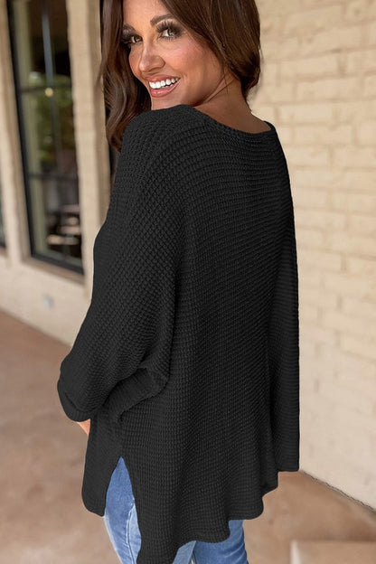 Waffle Knit Side Slits Loose Fit V Neck Top - Bee Creek Apparel