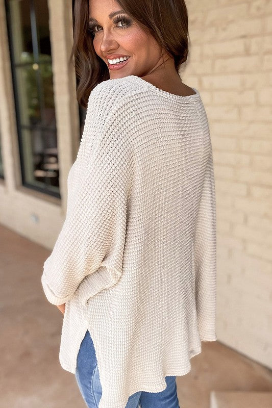 Waffle Knit Side Slits Loose Fit V Neck Top - Bee Creek Apparel