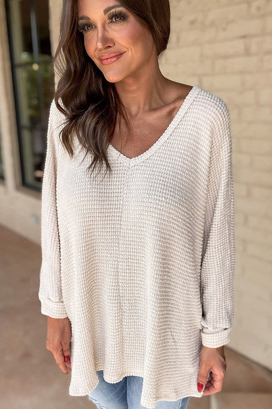 Waffle Knit Side Slits Loose Fit V Neck Top - Bee Creek Apparel