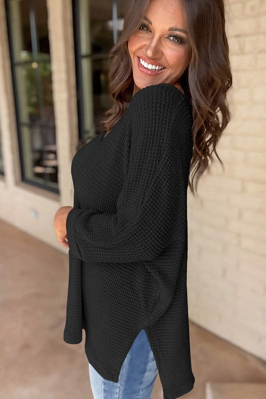 Waffle Knit Side Slits Loose Fit V Neck Top - Bee Creek Apparel