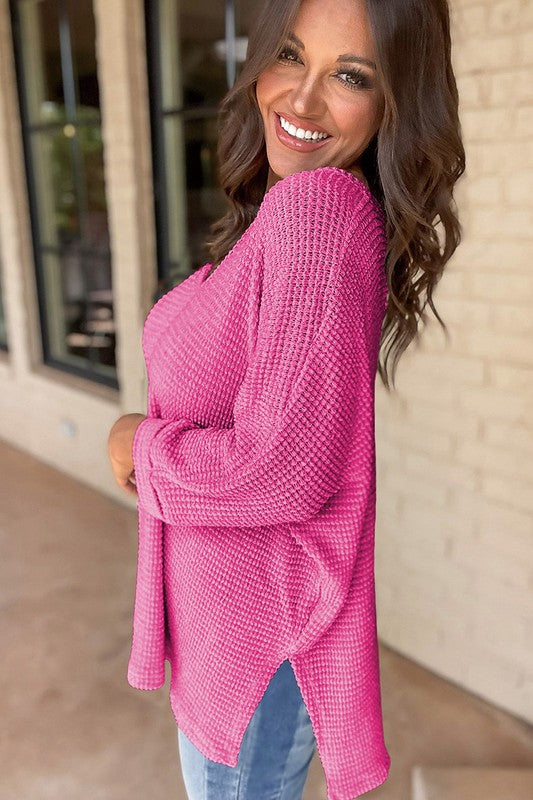 Waffle Knit Side Slits Loose Fit V Neck Top - Bee Creek Apparel