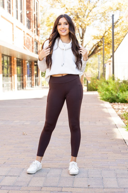 Brown Fleece Full Length Leggings with Pockets - Bee Creek Apparel