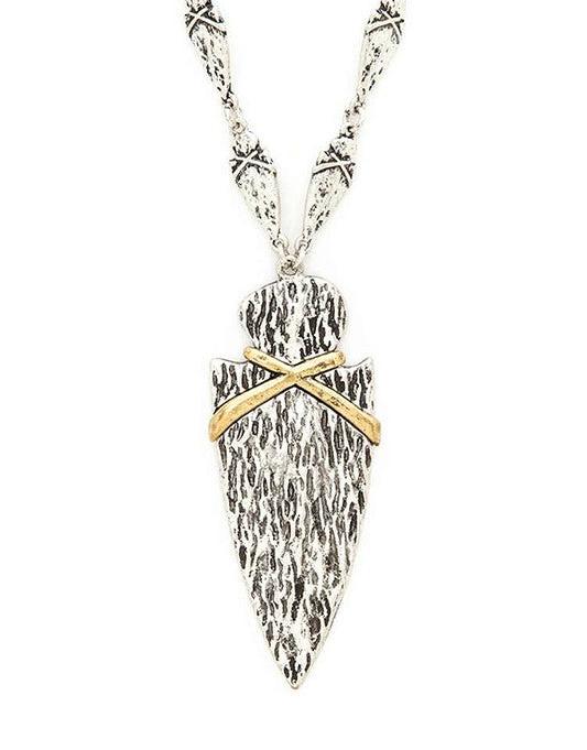 2 Tone Metal Arrowhead Pendant Necklace and Earring Set