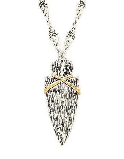 2 Tone Metal Arrowhead Pendant Necklace and Earring Set