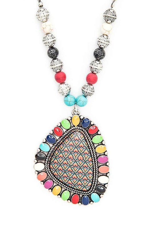 Aztec Printed Large Pendant Necklace and Earring Set