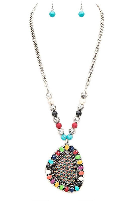 Aztec Printed Large Pendant Necklace and Earring Set