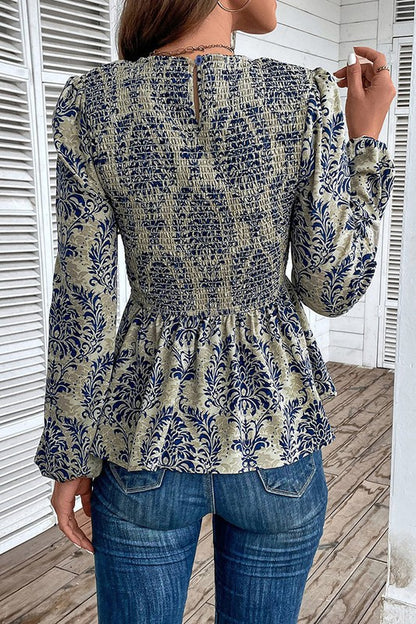 Boho Printed Balloon Sleeve Smocked Peplum Blouse