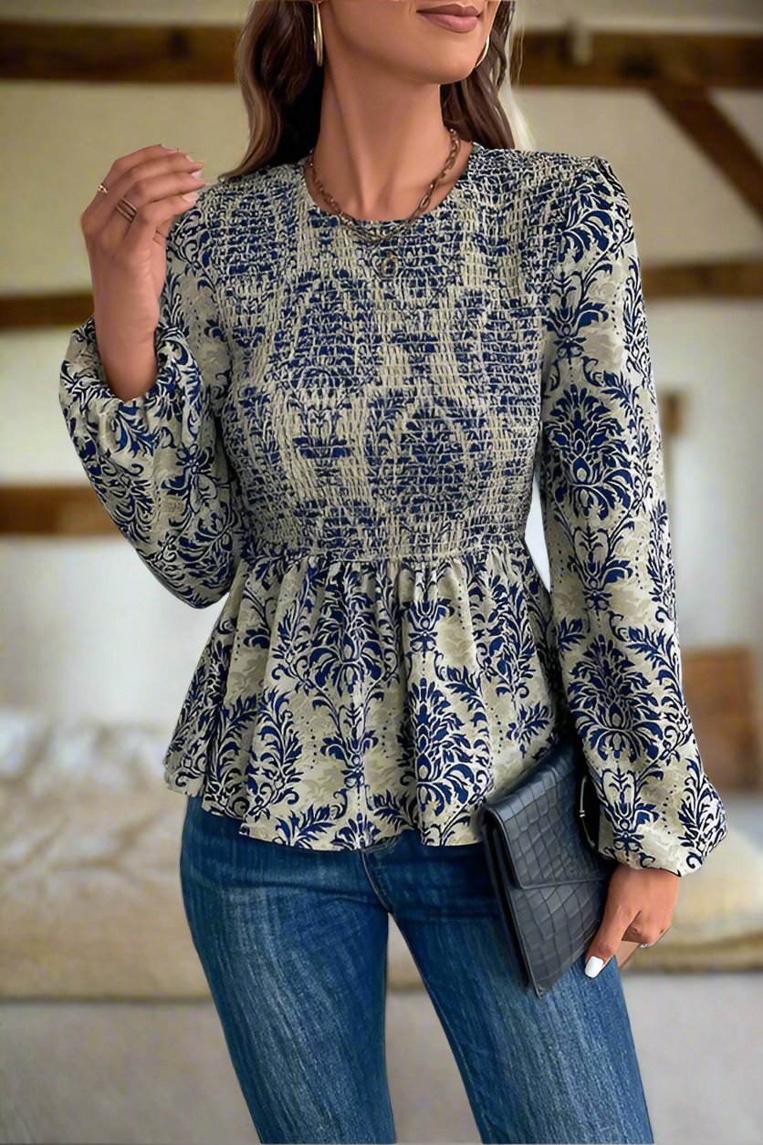 Boho Printed Balloon Sleeve Smocked Peplum Blouse