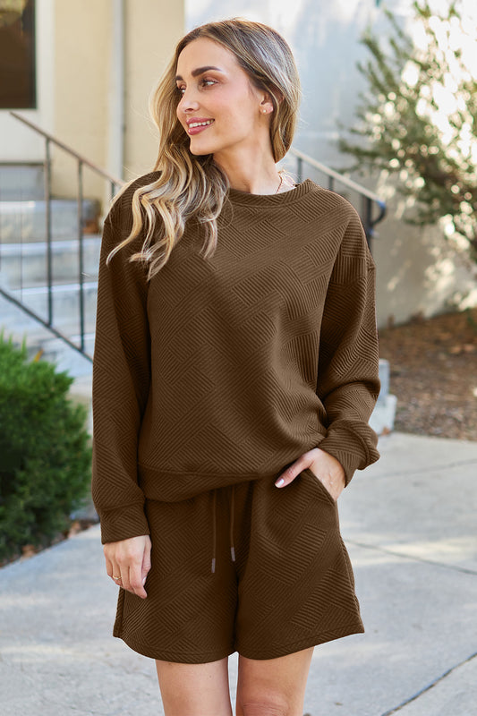 On The Go Texture Long Sleeve Top and Drawstring Shorts Set - Bee Creek Apparel