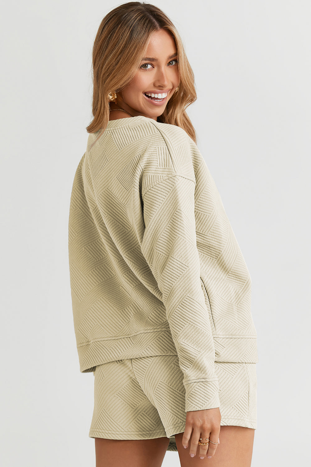 On The Go Texture Long Sleeve Top and Drawstring Shorts Set - Bee Creek Apparel
