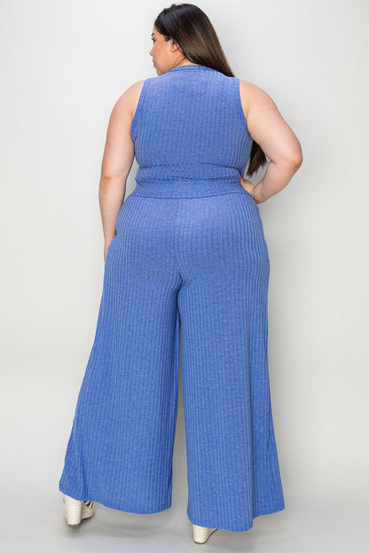 Basic Bee Ribbed Tank and Wide Leg Pants Set