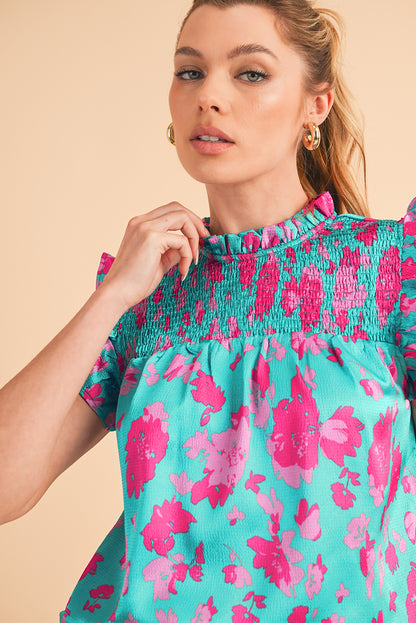 Green Floral Print Ruffled Flutter Shoulder Smocked Blouse