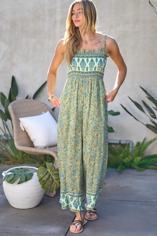 Floral Smocked Detail With Ruffle Jumpsuit - Bee Creek Apparel