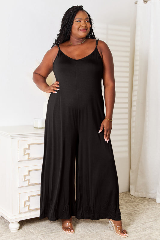 Do A Double Take In This Trendy Rayon Spaghetti Strap Wide Leg Jumpsuit