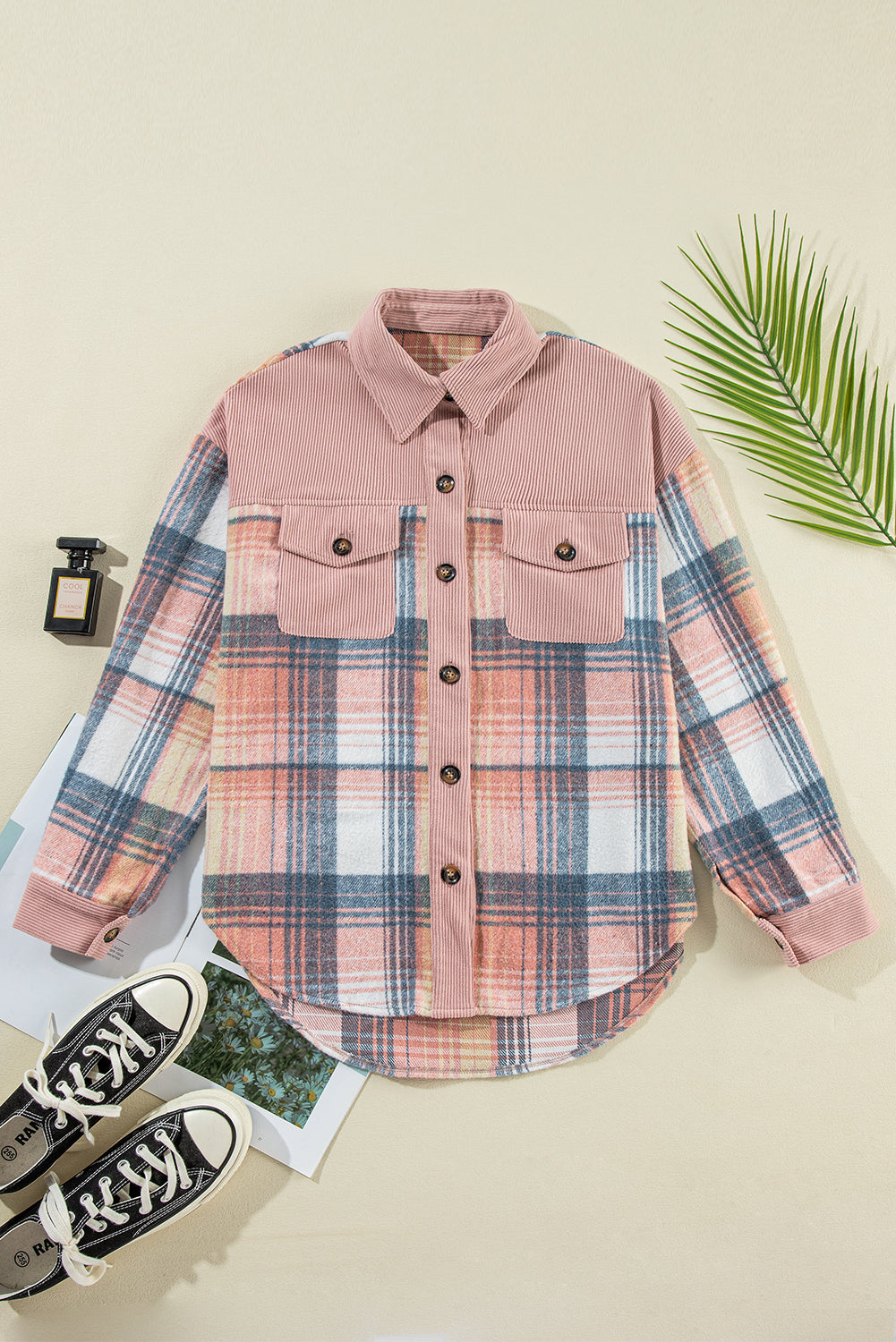 Cinnamon Plaid Corduroy Patchwork Pocket Loose Shacket