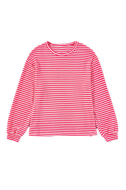 Rose Stripe Round Neck Drop Shoulder Long Sleeve Top