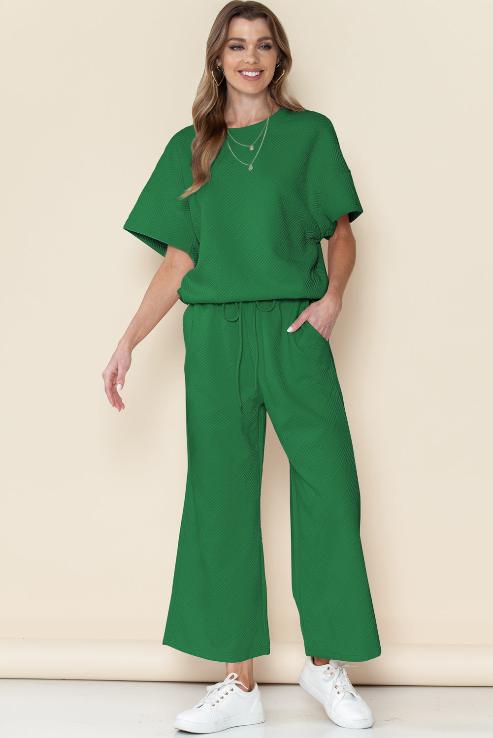 Textured Loose Fit T Shirt & Drawstring Pants Set