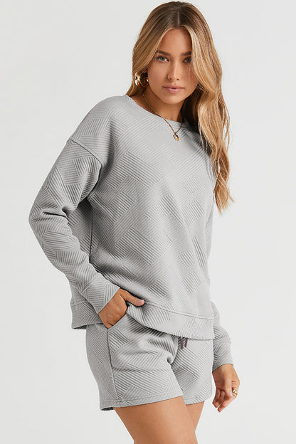 On The Go Texture Long Sleeve Top and Drawstring Shorts Set - Bee Creek Apparel