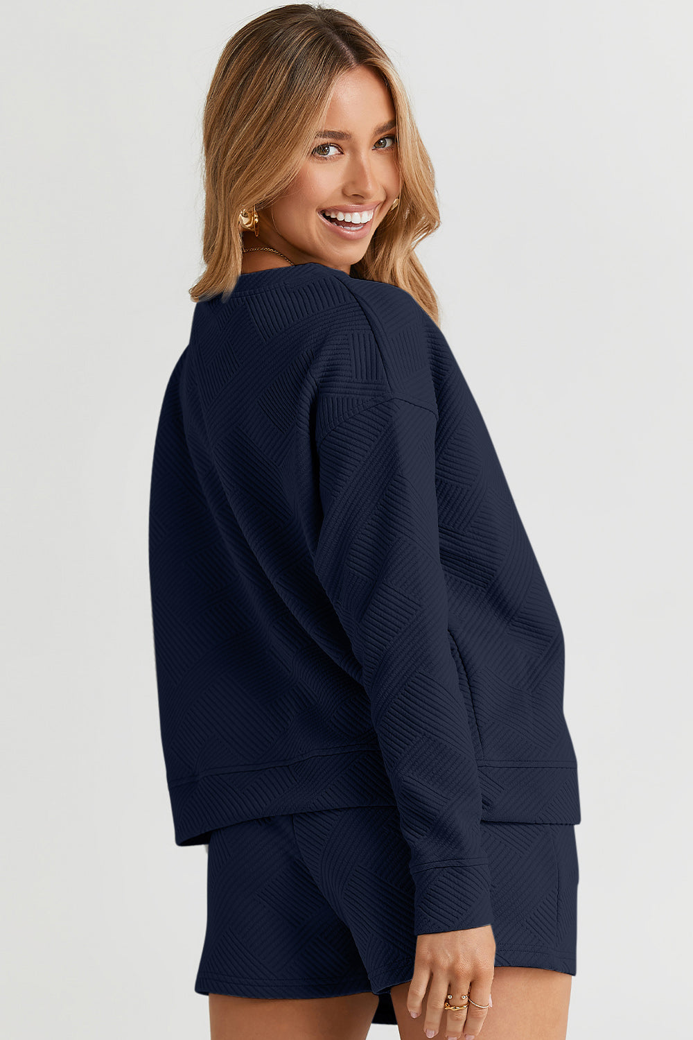 On The Go Texture Long Sleeve Top and Drawstring Shorts Set - Bee Creek Apparel