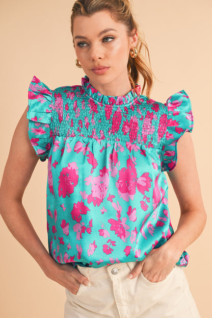 Green Floral Print Ruffled Flutter Shoulder Smocked Blouse