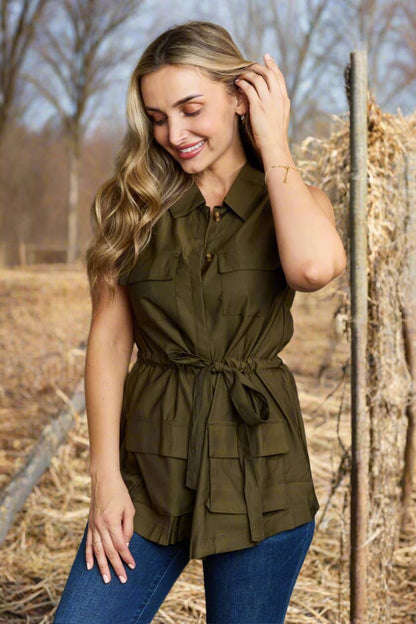 This Stylish Sleeveless Collared Button Down Top in Army Green